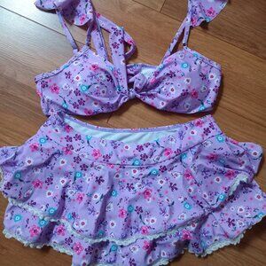 Women's Purple floral print ruffle skirtini